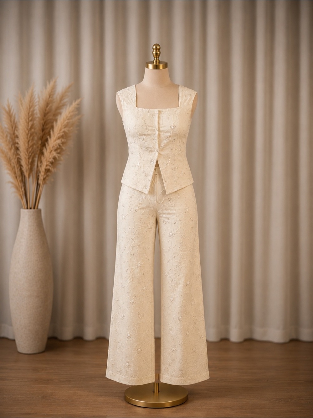 Women’s Cream Embroidered Matching Set – Top & Wide-Leg Pants